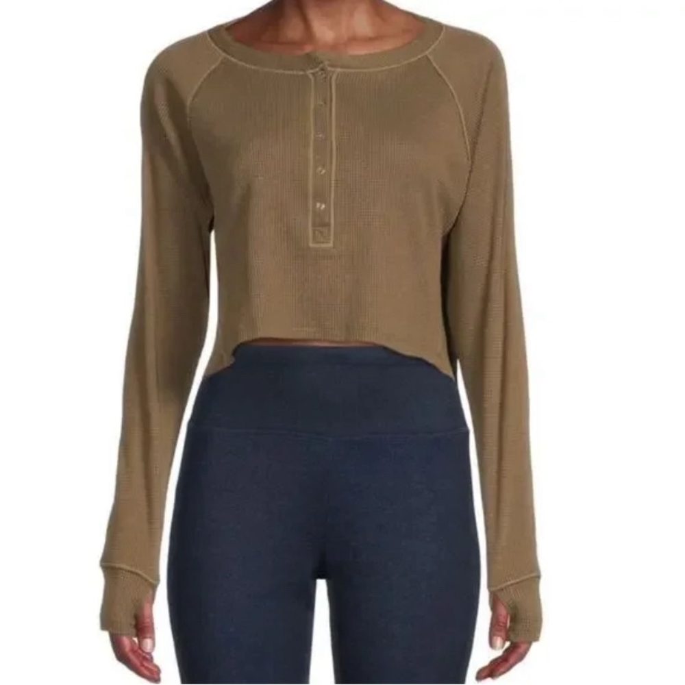 Free People Early Night Thermal Waffle Knit Henley Top Green